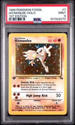 1999 POKEMON FOSSIL 1ST ED #7 HITMONLEE-HOLO PSA 9 - Image 1