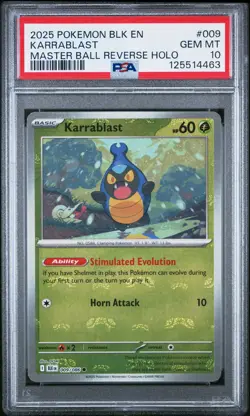 2025 POKEMON BLK EN-BLACK BOLT MASTER BALL REVERSE HOLO #009 KARRABLAST PSA 10 - Image 1