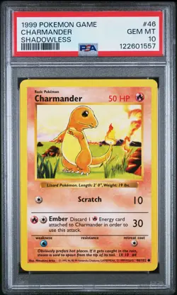 1999 POKEMON BASE SET SHADOWLESS #46 CHARMANDER PSA 10 - Image 1