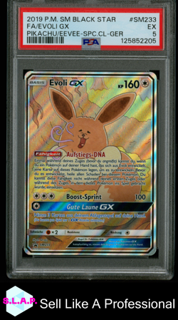 FA/EVOLI GX PIKACHU/EEVEE-SPC.CL-GER POKEMON SM BLCK STAR PROMO 2019 SM233 PSA 5 - Image 1
