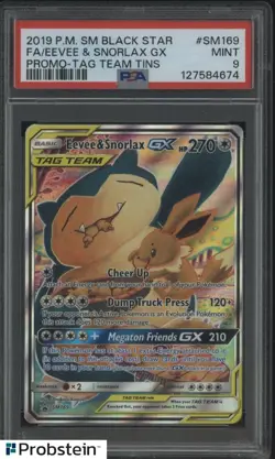 2019 POKEMON SM BSP #SM169 FA/EEVEE & SNORLAX GX PROMO TAG TEAM TINS PSA 9 MINT - Image 1