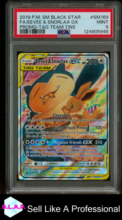 FA/EEVEE & SNORLAX GX PRM-TAG TEAM TINS POKEMON SM BLCK STR PRM 2019 SM169 PSA 9 - Image 1