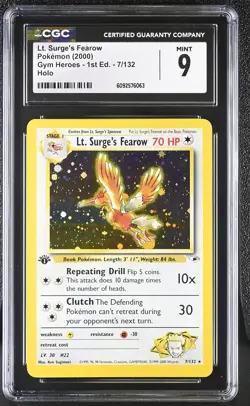 CGC 9 MINT Lt. Surge's Fearow Gym Heroes 1st Edition 7/132 Holo Pokemon Card - Image 1