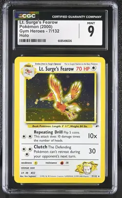 CGC 9 MINT Lt. Surge's Fearow 2000 Gym Heroes 7/132 Holo Pokemon Card - Image 1