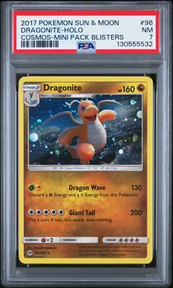 2017 POKEMON SUN & MOON COSMOS-MINI PACK BLISTERS #96 DRAGONITE-HOLO PSA 7 - Image 1