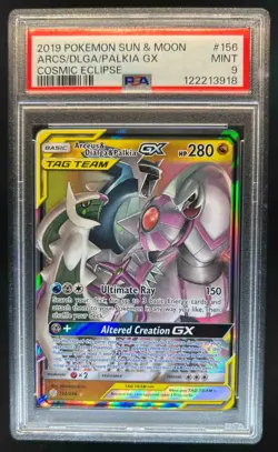 2019 Pokemon SM Cosmic Eclipse Arceus Dialga Palkia Tag Team Holo #156/236 PSA 9 - Image 1