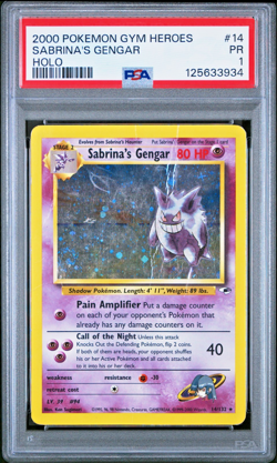 HUGE SWIRL PSA 1 2000 Pokemon Gym Heroes Sabrina's Gengar 14/132 Holo Foil Rare - Image 1