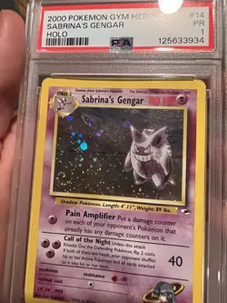 HUGE SWIRL PSA 1 2000 Pokemon Gym Heroes Sabrina's Gengar 14/132 Holo Foil Rare - Image 3