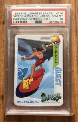 1999 Pokemon Japan Bandai Pikachu Victor Surfing Vending Promo Card PSA 10 - Image 1