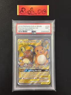 PSA 9 Raichu & Alolan Raichu GX Full Art SM Unified Minds 220/236 Pokemon Card - Image 1