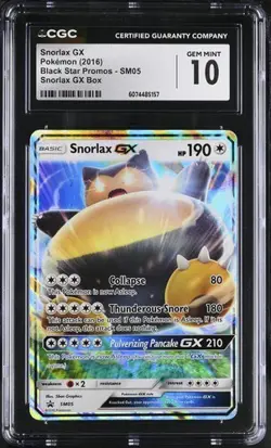 CGC 10 GEM MINT Snorlax GX Pokemon Card Black Star Promo SM05 Snorlax GX Box - Image 1