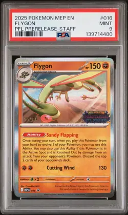 2025 POKEMON MEP PHANTASMAL FLAMES PRERELEASE-STAFF PROMO #016 FLYGON PSA 9 - Image 1