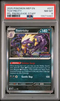 2025 POKEMON MEP PROMO PHANTASMAL FLAMES PRERELEASE-STAFF #017 TOXTRICITY PSA 8 - Image 1