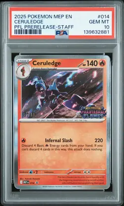 2025 POKEMON MEP PROMO PHANTASMAL FLAMES PRERELEASE-STAFF #014 CERULEDGE PSA 10 - Image 1