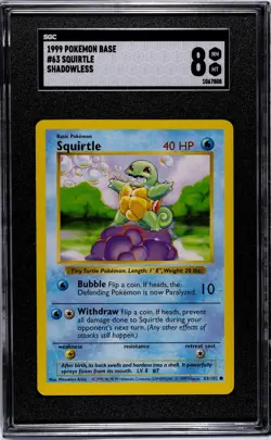 1999 Pokemon Base - # 63 Squirtle 063/102 - SHADOWLESS - SGC 8 - Image 1