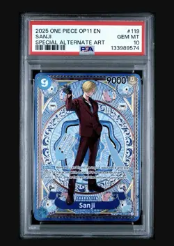 2025 ONE PIECE OP11-A FIST OF DIVINE SPEED #119 SANJI SPECIAL ALT ART PSA 10 GEM - Image 1