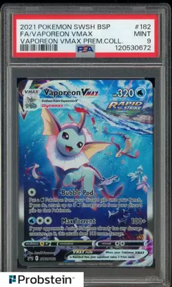 "TCG 2021 Pokemon SWSH BSP Vaporeon Vmax Prem Coll #182 Vaporeon Vmax FA PSA 9 " - Image 1