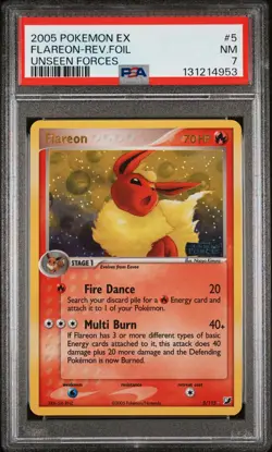 2005 POKEMON EX UNSEEN FORCES #5 FLAREON-REVERSE FOIL PSA 7 - Image 1
