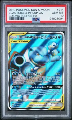 2019 POKEMON CARD SUN & MOON COSMIC ECLIPSE BLASTOISE & PIPLUP GX PSA 10 #214 - Image 1