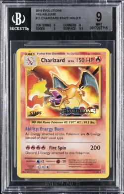 2016 POKEMON XY EVOLUTIONS PRE-RELEASE #11 CHARIZARD STAFF HOLO R BGS 9 - Image 1