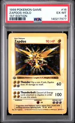 1999 POKEMON GAME 1ST ED #16 ZAPDOS-HOLO PSA 6 - Image 1