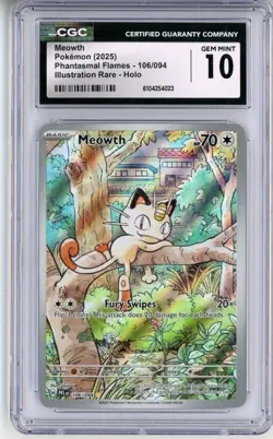 CGC GEM MINT 10 Pokemon TCG Meowth 106/094 Me02: Phantasmal Flames Holo IR - Image 1