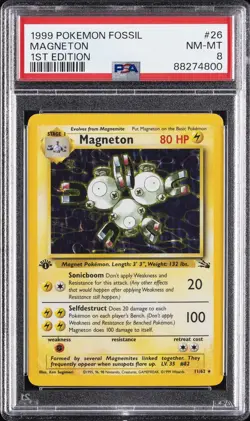 1999 POKEMON FOSSIL 1ST ED #26 MAGNETON PSA 8 - Image 1