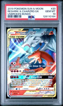 2019 POKEMON SUN & MOON UNBROKEN BONDS #20 RESHIRAM & CHARIZARD GX PSA 10 - Image 1