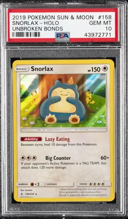 2019 POKEMON SUN & MOON UNBROKEN BONDS #158 SNORLAX-HOLO PSA 10 - Image 1