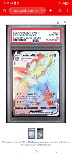 PSA 10 Leafeon VMAX 204/203 Evolving Skies Rainbow Pokemon Secret Rare Gem Mint - Image 1