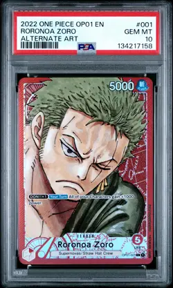 2022 ONE PIECE OP01-ROMANCE DAWN ALTERNATE ART #001 RORONOA ZORO PSA 10 - Image 1