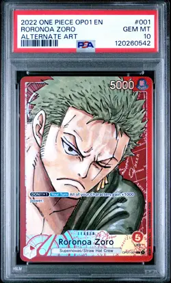 2022 ONE PIECE OP01-ROMANCE DAWN ALTERNATE ART #001 RORONOA ZORO PSA 10 - Image 1