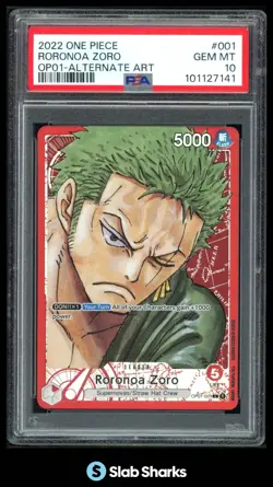 2022 ONE PIECE ROMANCE DAWN #OP01-001 RORONOA ZORO ALTERNATE ART PSA 10 - Image 1