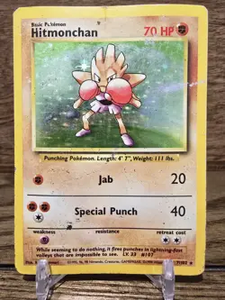 Pokemon Card TCG Hitmonchan Holo 7/102 Base Set Heavy Play Vintage HP Damaged - Image 1
