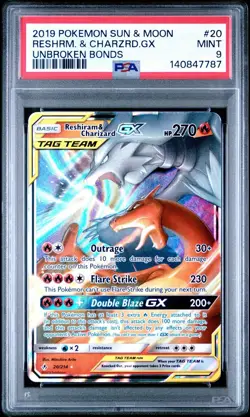 2019 POKEMON SUN & MOON UNBROKEN BONDS #20 RESHIRAM & CHARIZARD GX PSA 9 - Image 1