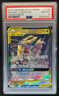 2019 Pokemon SM Unified Minds Garchomp Giratina Tag Team Holo #146/236 PSA 10 - Image 1