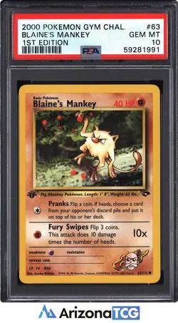 Pokemon 2000 Blaine's Mankey 63/132 1st Edition Gym Challenge GEM MINT PSA 10 - Image 1