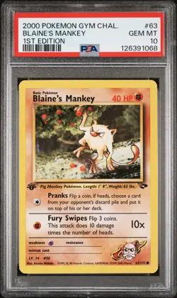 2000 POKEMON GYM CHALLENGE 1ST ED #63 BLAINE'S MANKEY PSA 10 - Image 1