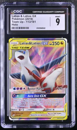 2019 Pokemon Sun & Moon Team Up Full Art Latias & Latios GX #113 CGC 9 MINT - Image 1