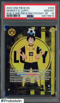 2025 ONE PIECE PROMOS BVB X ONE PIECE MATCH DAY 2025 #003 MONKEY D. LUFFY PSA 10 - Image 1