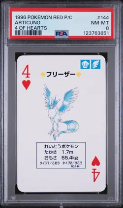 1996 POKEMON RED VERSION PLAYING CARDS 4 OF HEARTS #144 ARTICUNO PSA 8 - Image 1