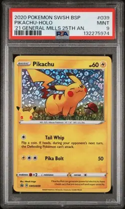 2020 Pokemon Swsh Black Star Promo #039 Pikachu Holo General Mills 25th AN PSA 9 - Image 1