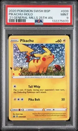 2020 Pokemon Swsh Black Star Promo #039 Pikachu Holo General Mills 25th AN PSA 9 - Image 1