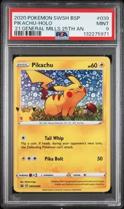 2020 Pokemon Swsh Black Star Promo #039 Pikachu Holo General Mills 25th AN PSA 9 - Image 1