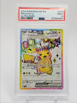 PIKACHU EX 2024-25 POKEMON SURGING SPARKS ULTRA RARE 219/191 PSA 9 Q5201 - Image 1