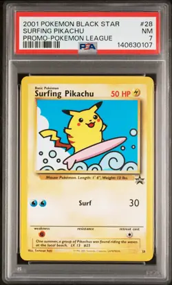 2001 POKEMON PROMO BLACK STAR POKEMON LEAGUE #28 SURFING PIKACHU PSA 7 - Image 1