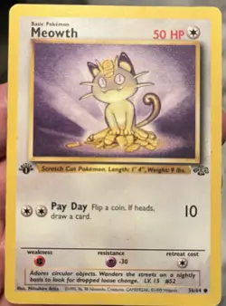 Pokemon TCG Meowth 1st Edition Card 56/64 Vintage WOTC Jungle LP-NM 1999 - Image 1