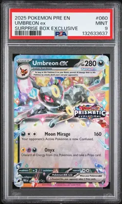 132633637 Umbreon ex 2025 Pokemon Prismatic Evolutions #060 Surprise Promo PSA 9 - Image 1
