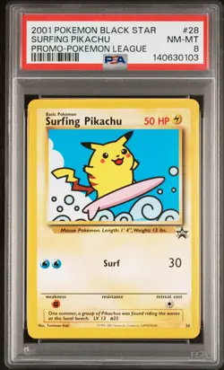 2001 POKEMON PROMO BLACK STAR POKEMON LEAGUE #28 SURFING PIKACHU PSA 8 - Image 1