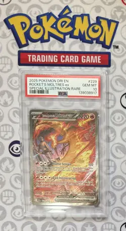 2025 POKEMON DRI EN-DESTINED RIVALS #229 TEAM ROCKET'S MOLTRES EX SIR PSA 10 - Image 1